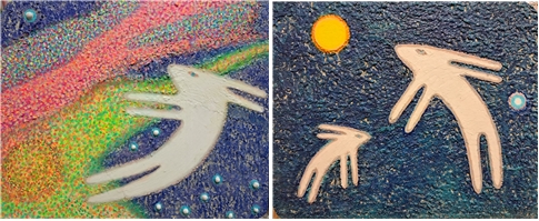 (좌) 김남진_우주토끼_61x50cm_나무패널위에 안료채색_2024/(우)김남진_우주토끼_61x50cm_나무패널위에 안료채색_2025