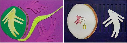 (좌) 김남진_우주토끼-코라_39.5x27cm_종이위에 아크릴릭, 오일파스텔_2025/(우) 김남진_우주토끼-코라_39.5x27cm_종이위에 아크릴릭, 오일파스텔_2025