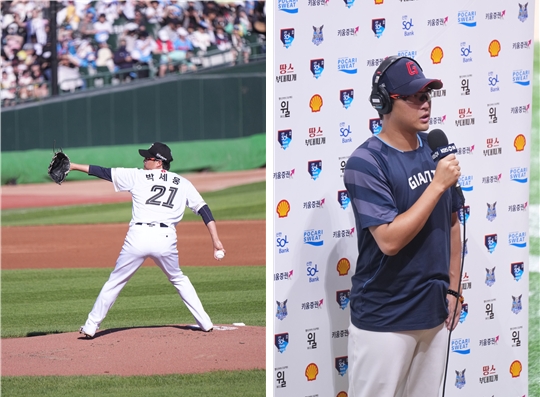 역투하는 박세웅(좌) 경기종료후 수훈선수 인터뷰 하는 박세웅/사진=김부희제공